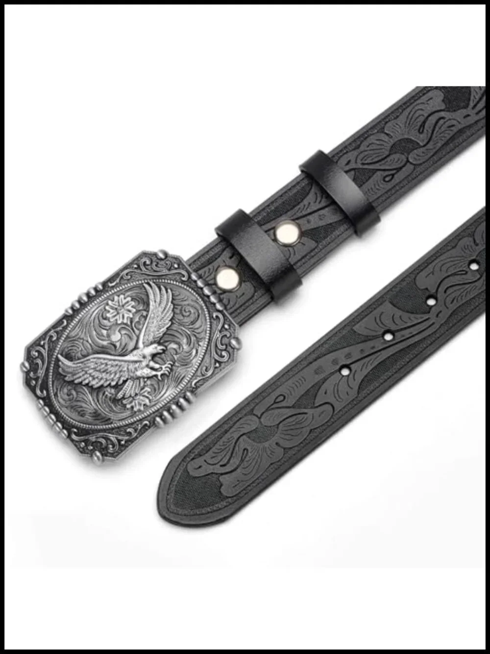 Men's Western Cowboy Leather Belt with Removable Floral Engraved Buckle